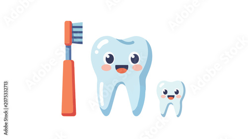 Cute Cartoon Teeth Characters with Toothbrush and Smiling Smalls.