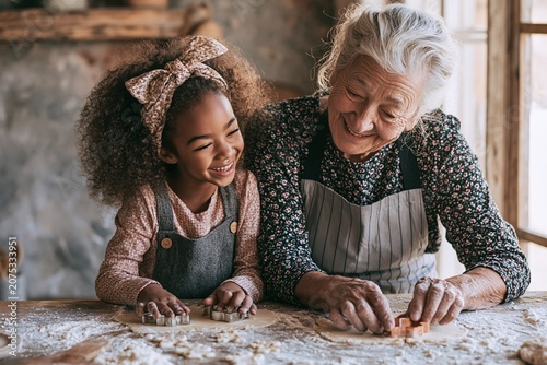 Grandmother and granddaughter kneading dough together in cozy kitchen setting