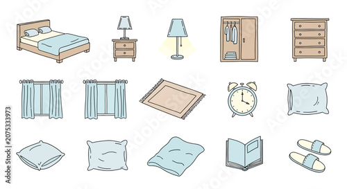 Set of Bedroom Furniture and Decor Icons with Bed, Wardrobe, Lamps, and Pillows on Isolated White Background