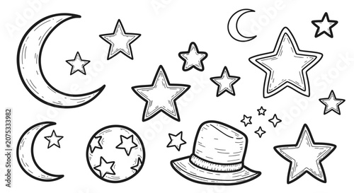 Hand Drawn Outline Set of Celestial Moon, Stars and Wizard Hat on Isolated White Background