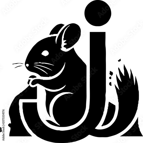 Black and white illustration of a mouse and letter J.