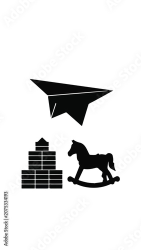 Silhouette of Paper Airplane Horse and Stacked Blocks on White Background.