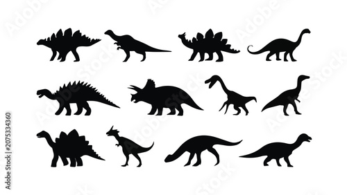 Silhouette Collection of Various Dinosaur Species in Different Poses.