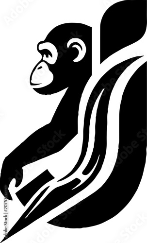 Black and white illustration of a sitting chimpanzee.