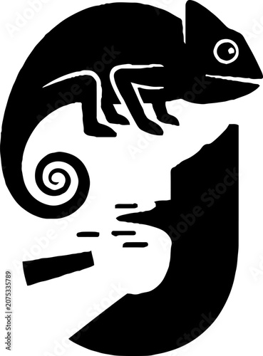 Black silhouette of a chameleon on a branch.