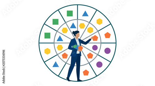 Business woman managing asset allocation and diversifying portfolio on large wheel chart flat design vector illustration.