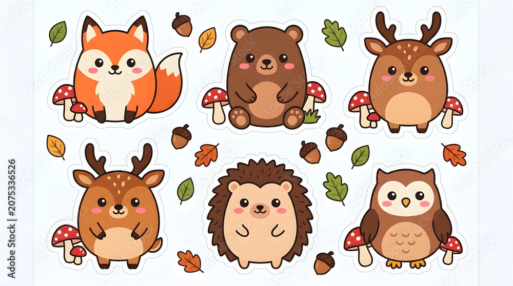 Fototapeta premium Cute Forest Friends Collection: A charming assortment of stylized woodland creatures including a fox, bear, deer, hedgehog, and owl, surrounded by autumn leaves and mushrooms.