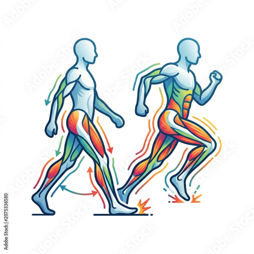 Human anatomy muscle movement during walking and running.