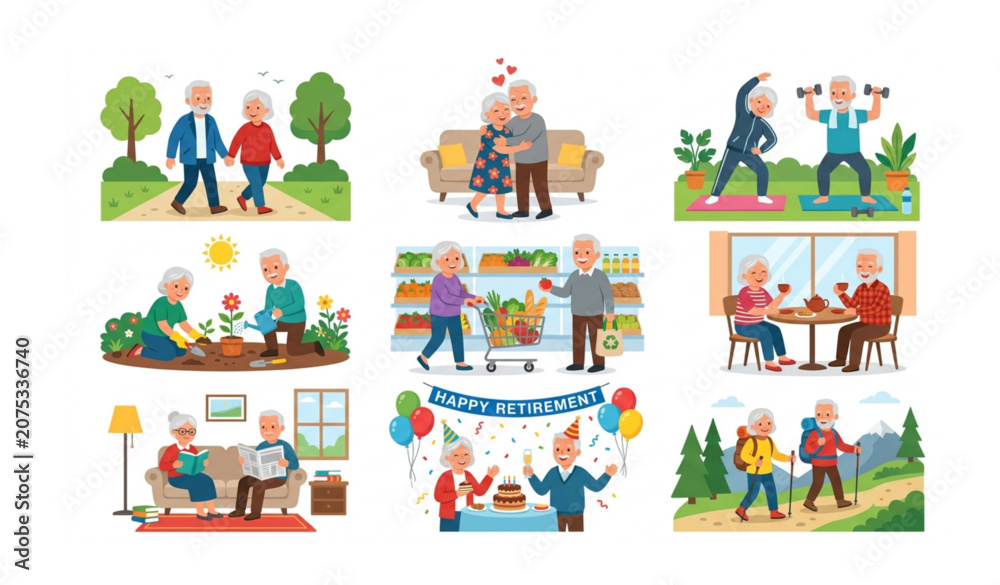 Naklejka premium Senior Couple Daily Activities Vector Illustration Set