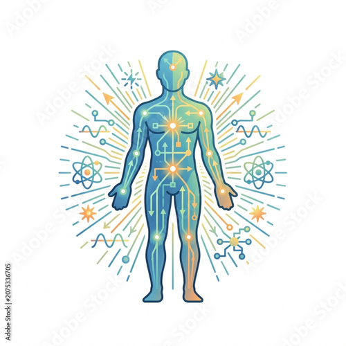 Human body with circuit board pattern and scientific symbols.