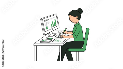 Woman analyzing data on computer screen, working at desk with charts and graphs