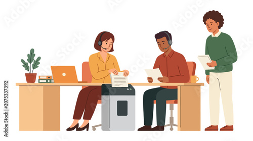 Diverse office team working at desks with computers and documents, business concept.