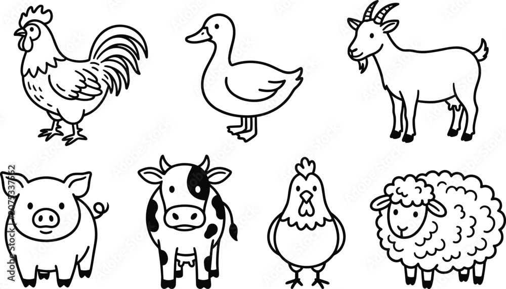 Obraz premium Cartoon Farm Animal Line Drawings Set with Rooster, Duck, Goat, Pig, Cow, Hen, and Sheep