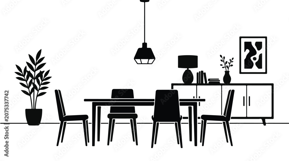 Fototapeta premium Modern minimalist dining room interior with table chairs cabinet and plant in black and white line art illustration for home decor concept