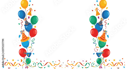 Festive party border features colorful balloons, cone hats, and bright confetti for birthday celebrations and special events.
