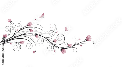 Contemporary design featuring black floral swirls and thin branches with pink flowers and buds against an orange and yellow circular background.