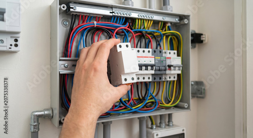 Hand Operating Circuit Breaker in Electrical Panel with Colorful Wires