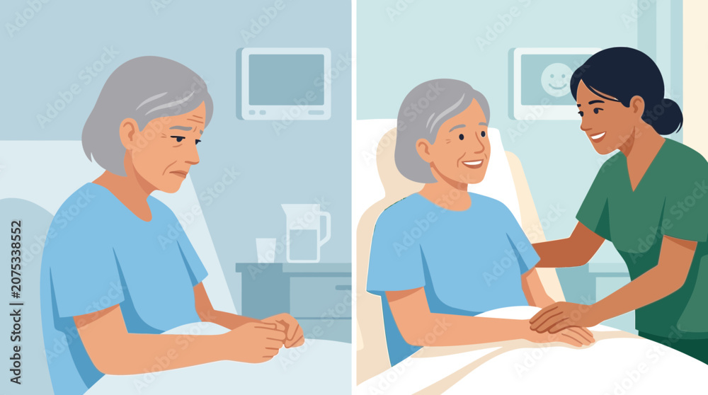 Obraz premium Elderly woman's mood shift from sadness to happiness with caregiver support