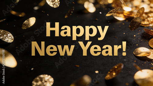 New Year, the year of the New Year and a gold ribbon on a black background.