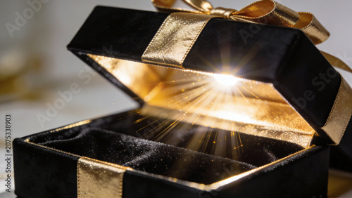 An open black box emitting a burst of glowing golden sparks and light, symbolizing mystery, magic, and surprise, perfect for a Black Friday shopping concept.