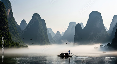 Atmospheric Misty Li River Karst Mountain Landscape with Multiple Cormorant Fishing Rafts and Birds