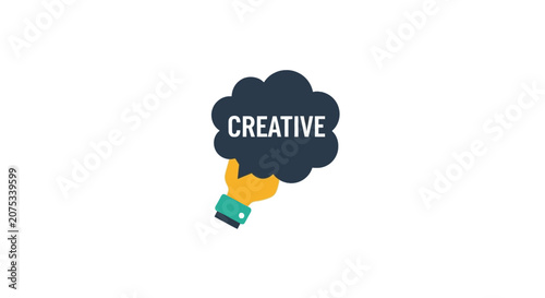 Flat design hand holding creative thought bubble with text