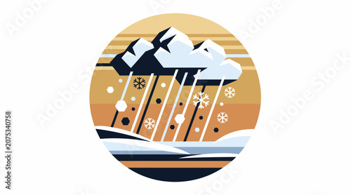Snowy mountain landscape with falling snowflakes illustration.