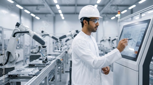 Middle Eastern engineer operating automated robotic production line in modern smart factory