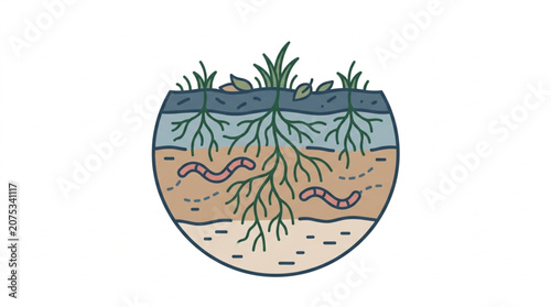 Obraz na plátně Illustration of soil layers with plant roots and earthworms.