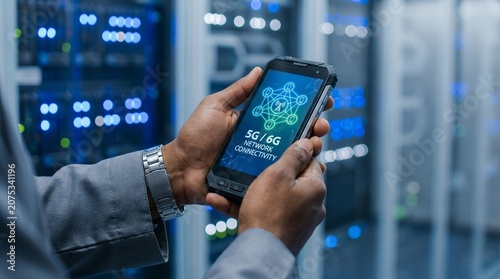 Hands holding rugged mobile device displaying 5G 6G network connectivity in high tech data center