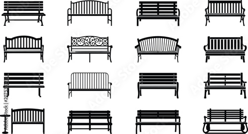 Fotografie Vector collection of diverse bench silhouettes featuring ornate wrought iron, wo