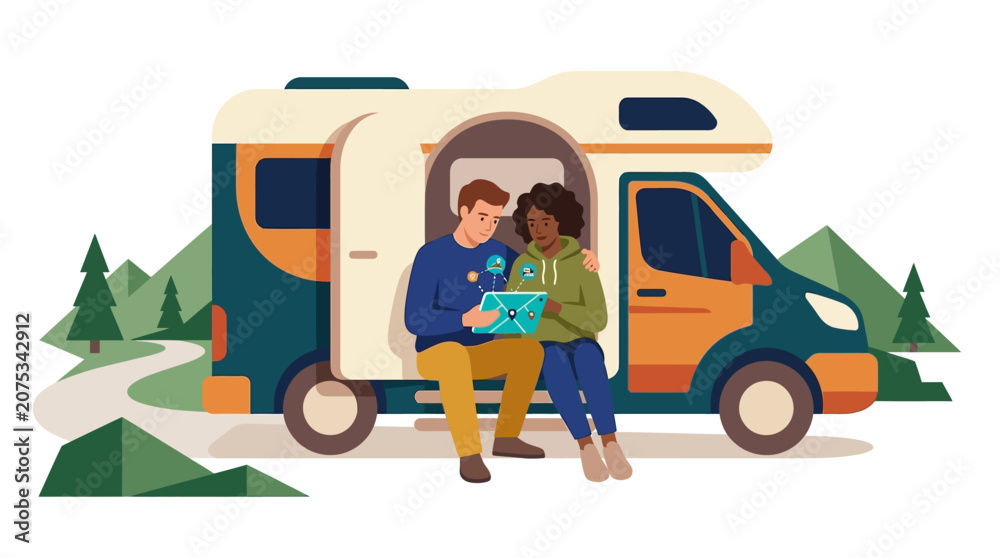Fototapeta premium Young diverse couple planning road trip adventure on digital tablet while sitting in camper van flat vector illustration