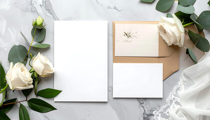 Blank stationery mockup with white roses and eucalyptus leaves, elegant wedding invitation card, floral paper border, feminine stationery style