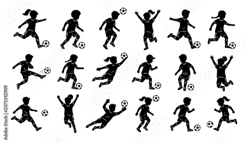 Hand drawn kid playing football silhouette vector illustration set