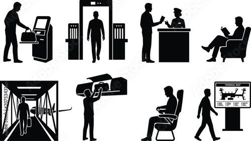 Canvastavla Airport passenger icons and travel silhouettes set featuring security check, sel