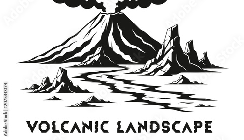 Billede på lærred Very beautiful black and white vector of a VOLCANIC LANDSCAPE with a bold label