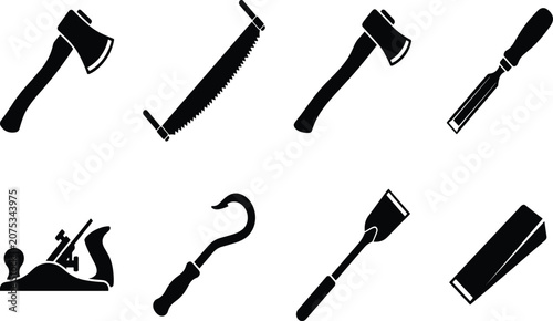 Fotografie Traditional woodworking and hand logging tools silhouette set featuring axe cros