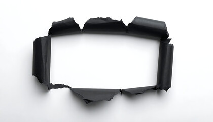 black paper hole with ragged edges and curled corners revealing a blank space, ripped texture frame for advertising