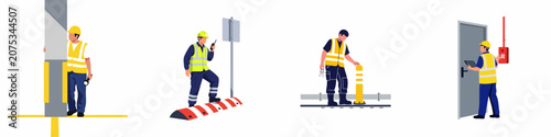 Vászonkép Set of industrial workers and security guards in high-visibility vests and safety gear performing various maintenance and inspection tasks