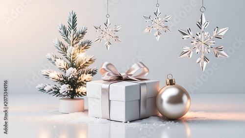 Elegant white gift box with a large bow next to a small frosted Christmas tree and hanging snowflakes