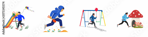 Foto Flat vector illustrations of active children playing outdoors at a playground, featuring activities like flying a kite, digging, and running
