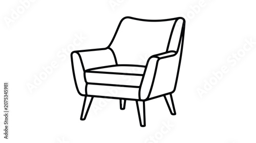 Minimalist armchair line art vector, mid-century modern lounge chair illustration, simple black and white furniture icon for interior design