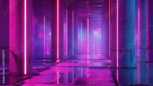 Neon-lit, abandoned tunnel corridor with wet floor
