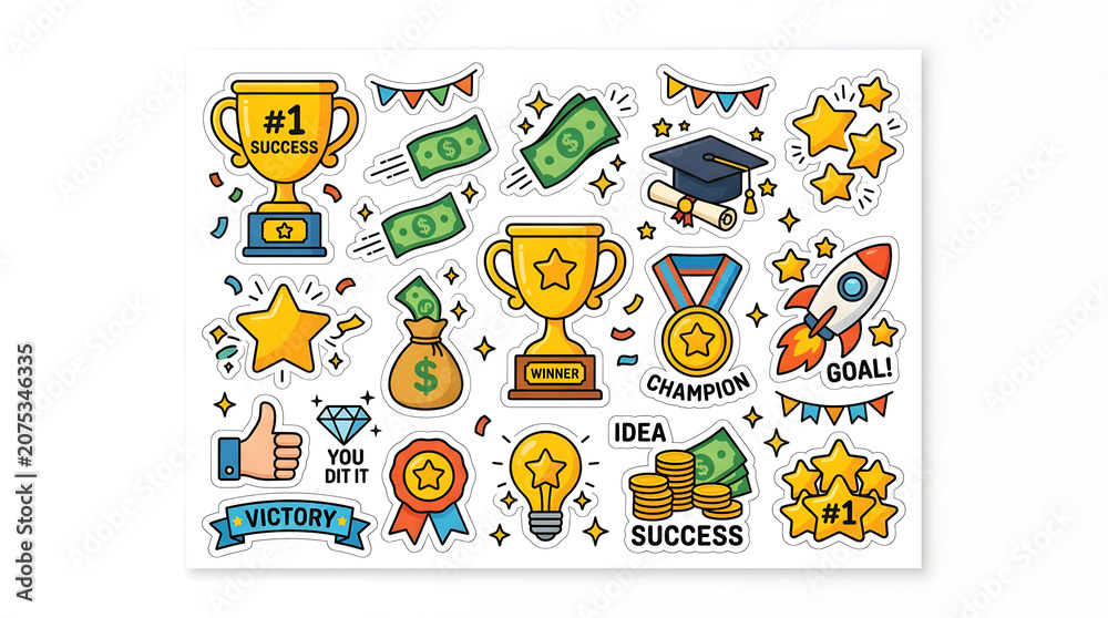 Fototapeta premium Set of Success Icons: A vibrant collection of cartoon-style icons representing success, achievement, and celebration, perfect for motivational content and awards.