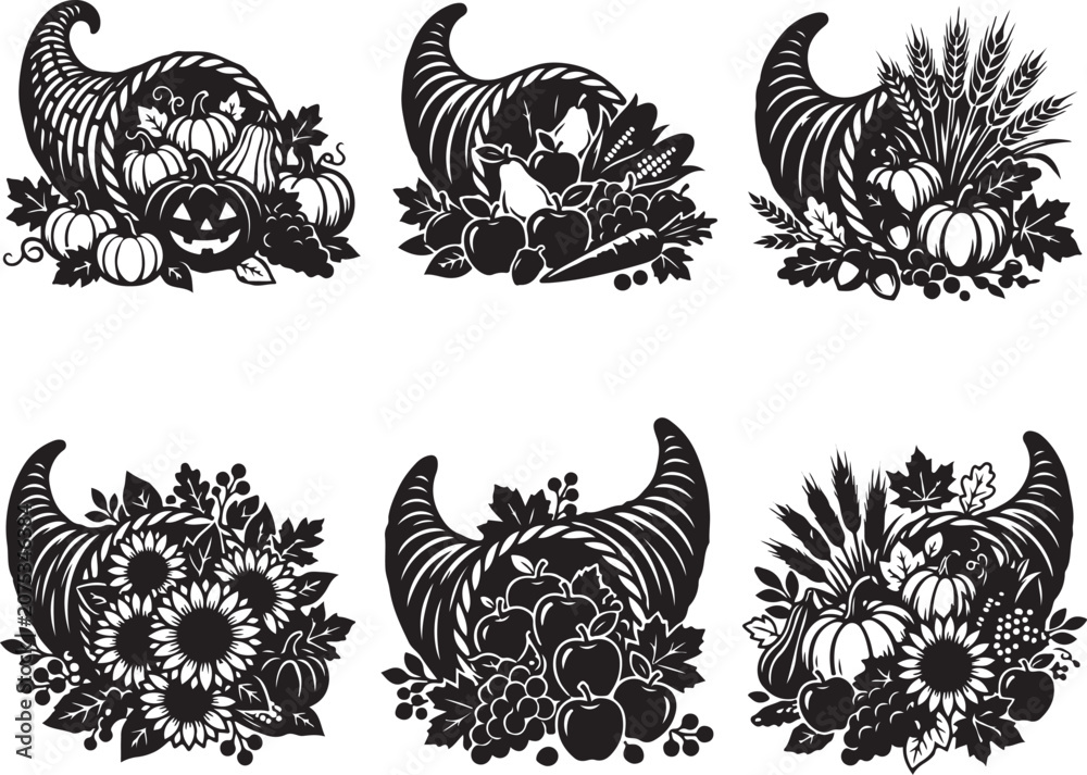 Obraz premium Halloween cornucopia icons, black floral harvest illustrations, autumn decorative elements, 6 seasonal vector graphics