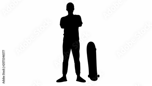 Quadro em tela Skateboarder stands confidently with crossed arms beside board