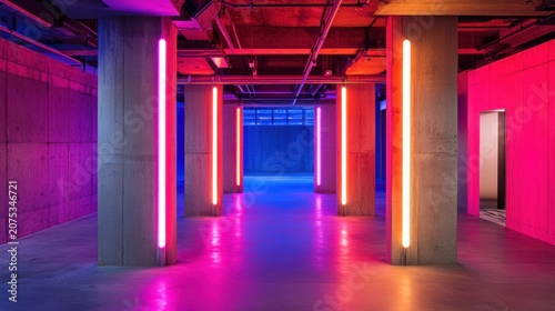 Neon-lit Concrete Tunnel Interior, vibrant colors, modern architecture, empty space
