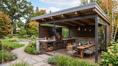 Modern outdoor kitchen and dining pavilion in a lush backyard garden