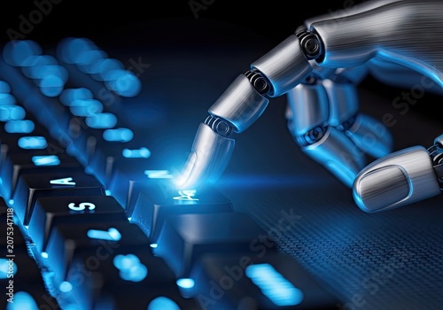 Robotic hand interacting with keyboard creating technological digital data
