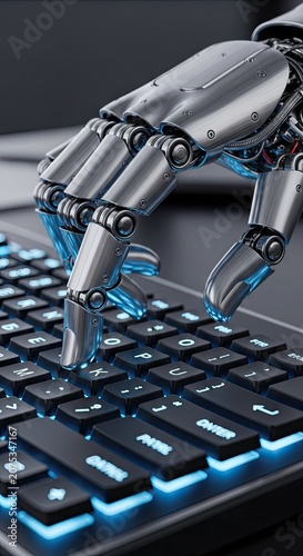 Robotic hand interacting with keyboard futuristic technology and automation